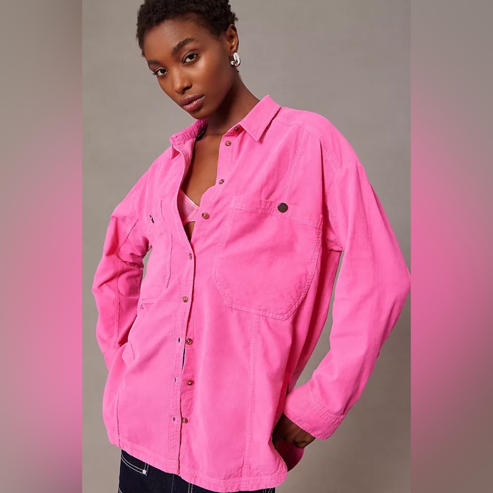 Pilcro by Anthropologie‎ Pink Oversized Micro Corduroy Button Up Shirt Size M